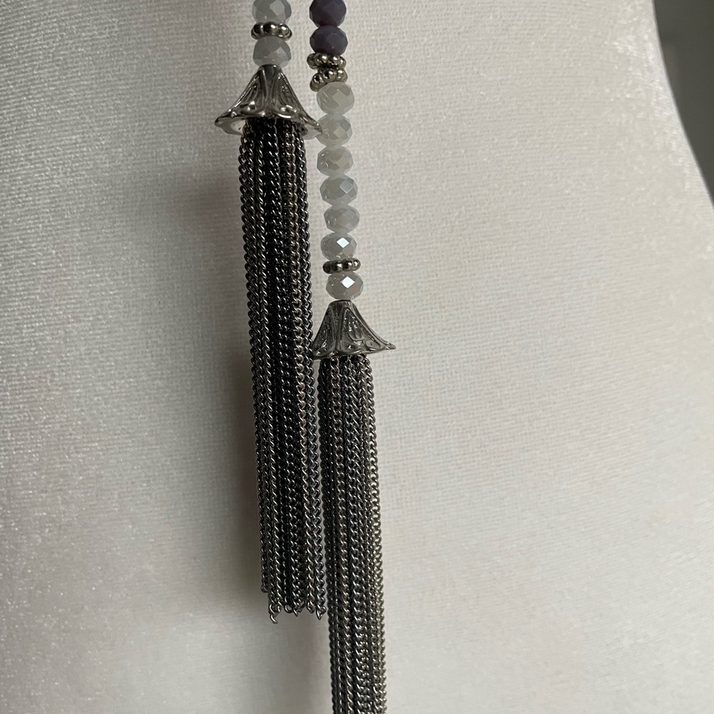 Vera Wang Silver Lariat Necklace with Blue, Grey, and Clear Beads - Picture 6 of 7
